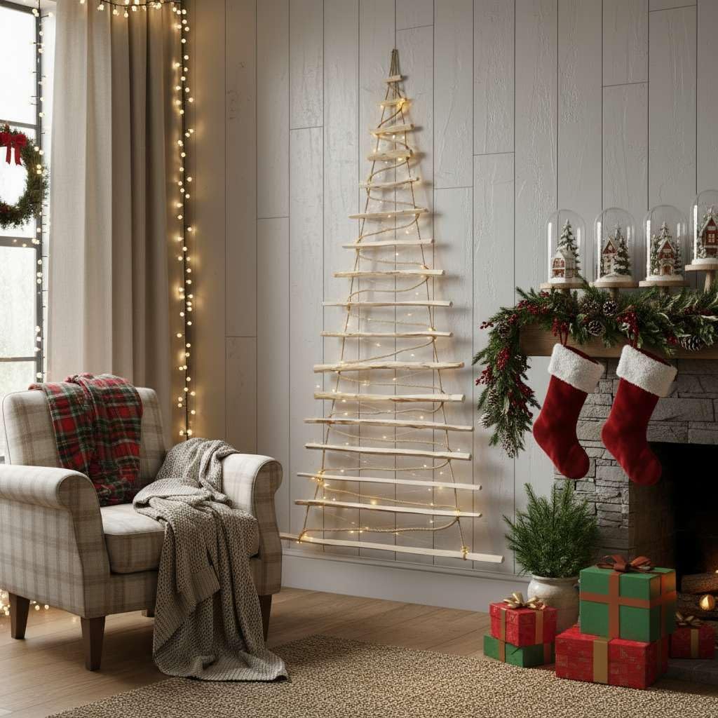 BOGATECO Handgemacht Weihnachtsbaum 205 cm hoch, aus Haselnussholz | Deko Anhänger | mit 10 m LED-Le