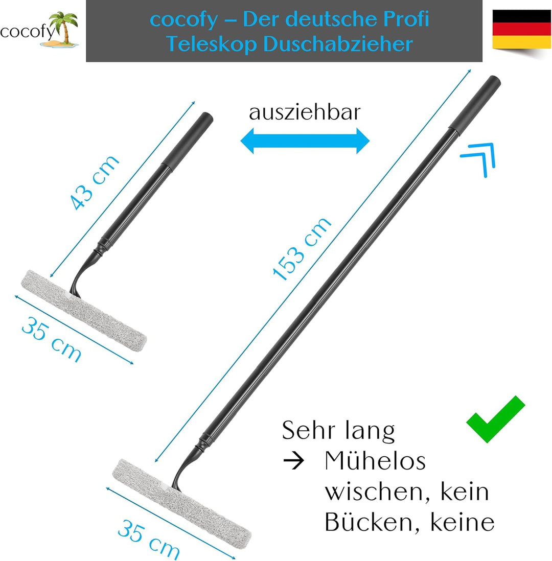 Duschabzieher Teleskop 43–153 cm, 35 cm breit, schwarz – Abzieher Dusche Langer Stiel ausziehbar mit