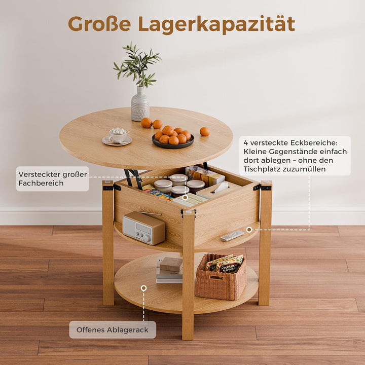ELUCHANG Couchtisch Rund mit Hebeplatte, Couchtisch Höhenverstellbarer 2 in 1, Beistelltisch Wohnzim