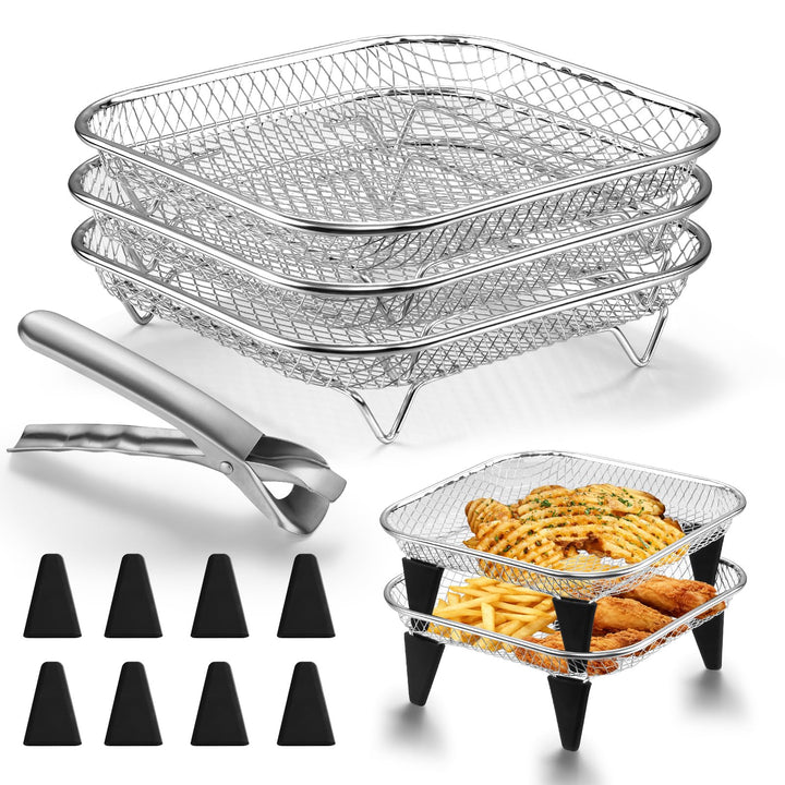 Homikit Heissluftfritteuse Zubehör, 3 Lagiges Stapelbar Edelstahl Grillrost Airfryer Zubehör mit 8 S
