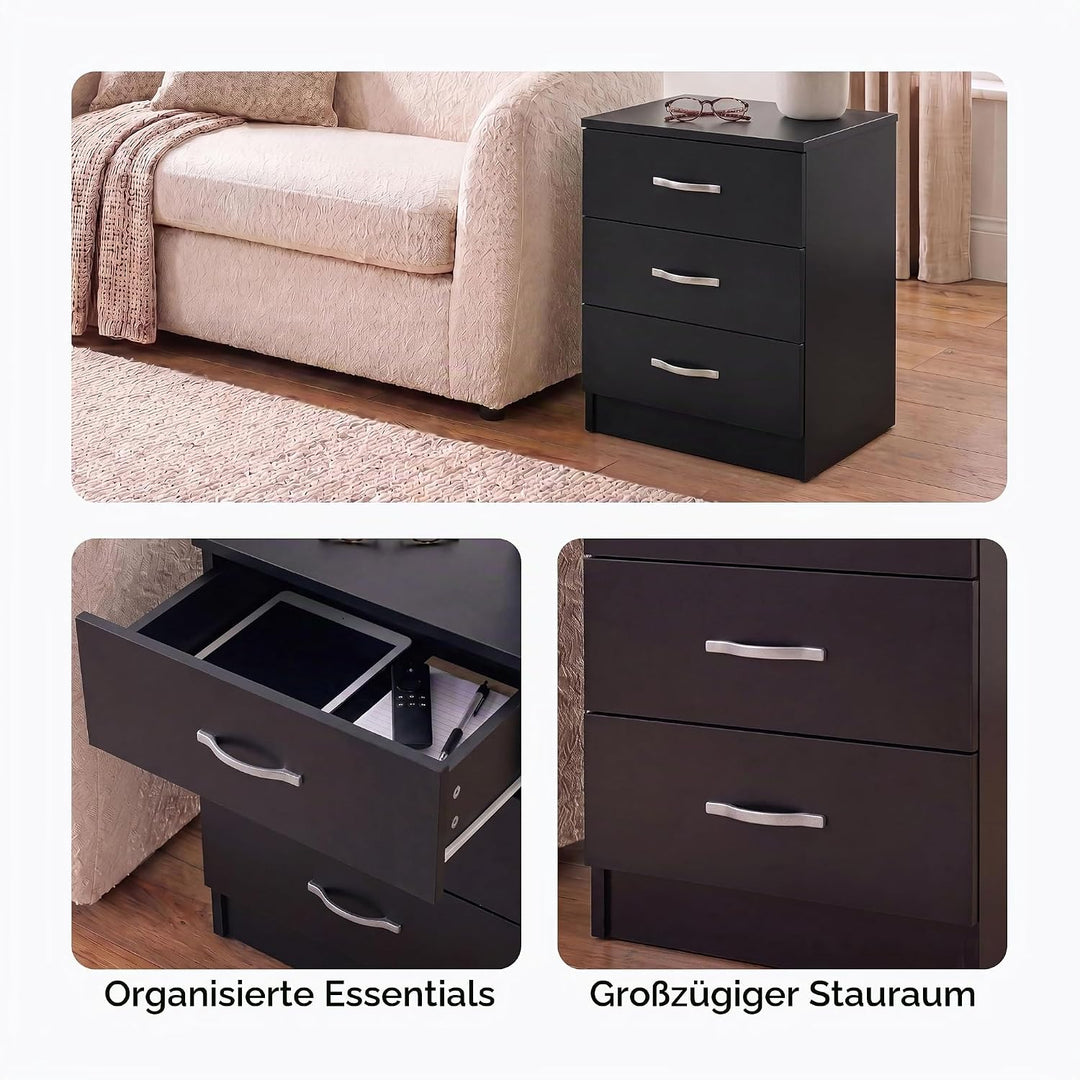 Vida Designs schwarz Nachttisch Kommode, 3 Schubladen mit Metall Griffe &amp; Läufer, Einzigartige Anti-