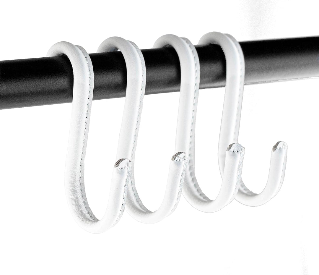 Brute Strength - S-Haken mit Vollnarbenleder umwickelt - 6 Stück - Weiss mit weissen Nähten - 10 cm