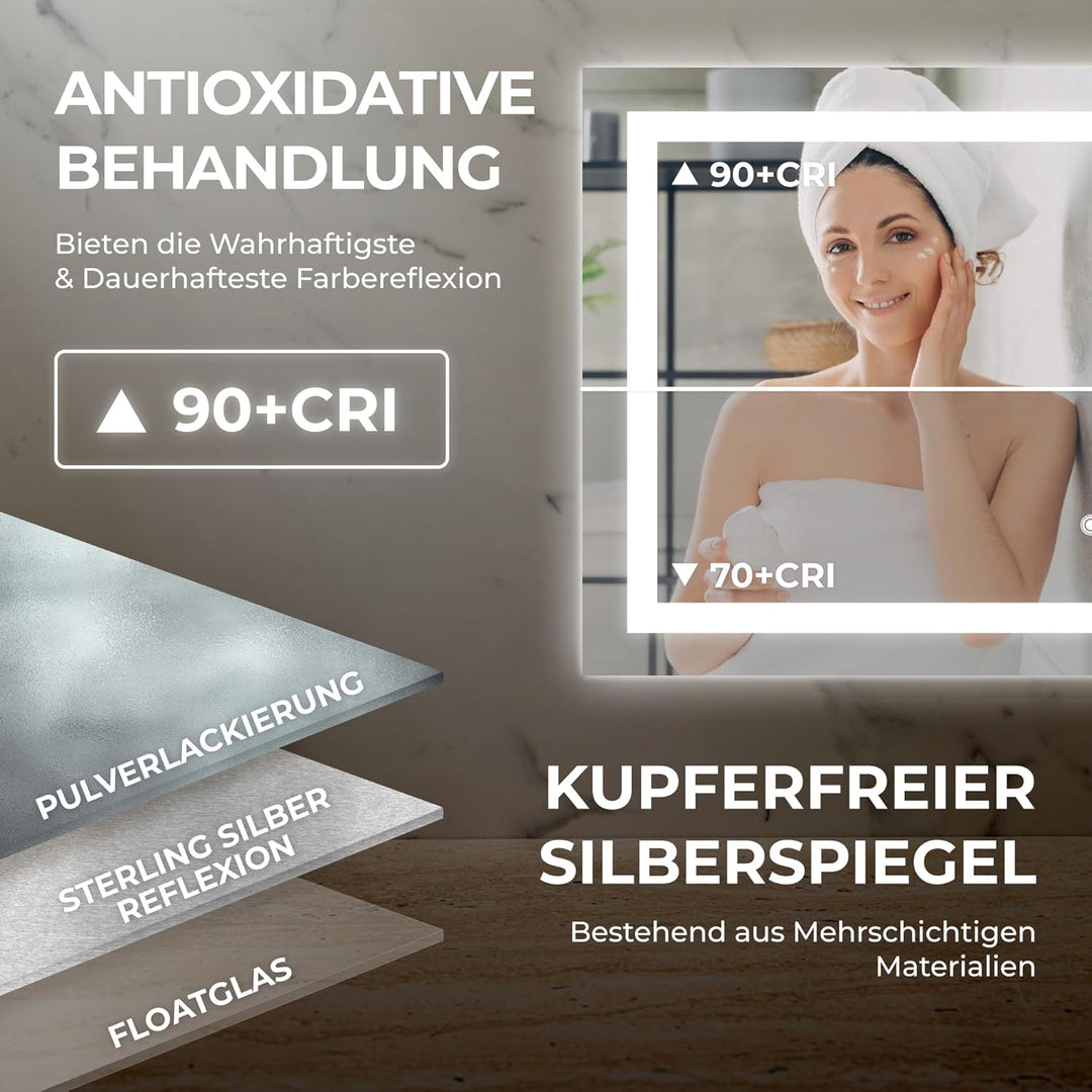 BR Bringer LED Badspiegel - 100x60 cm - Badezimmerspiegel mit Beleuchtung und Anti-Beschlag Funktion