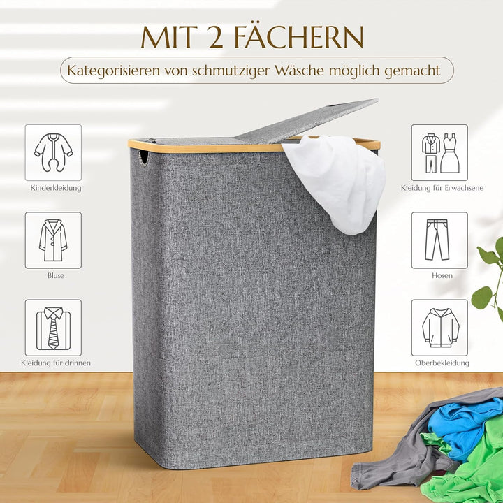 Wäschekorb mit Deckel 2 Fächer, 140L Wäschesammler schmal mit herausnehmbaren Wäschesack Laundry Bas
