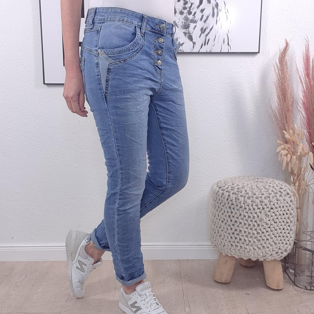 Karostar Damen Boyfriend Stretch Jeans mit offener Knopfleiste 4XL Denim Special Pocket, 4XL Denim S