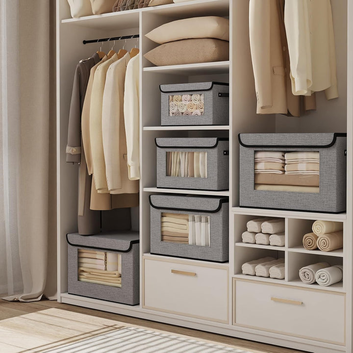 YheenLf Aufbewahrungsbox mit Deckel, Kleiderschrank Organizer, Stoffboxen mit transparentem Fenster,