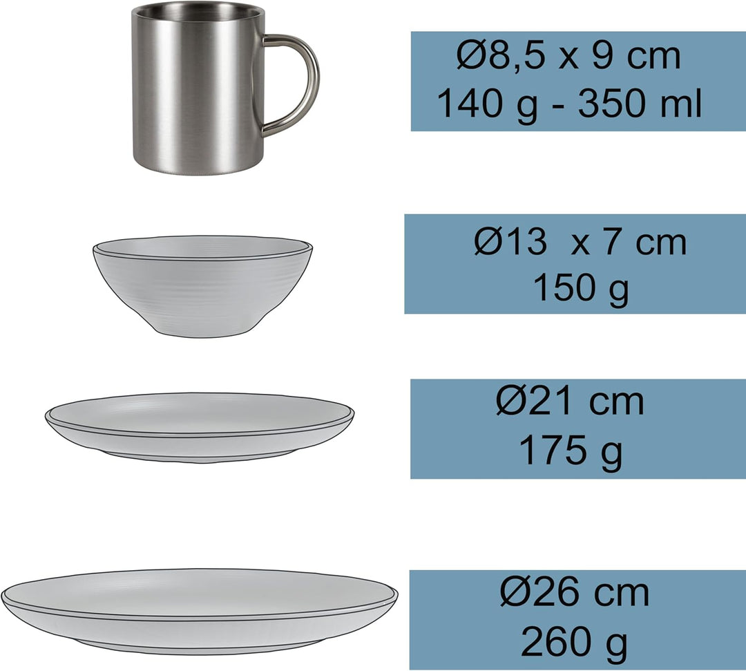 Melamin Geschirr Set Blau mit Edelstahl Thermo Tassen doppelwandig - Tonoptik Essgeschirr - Campingg