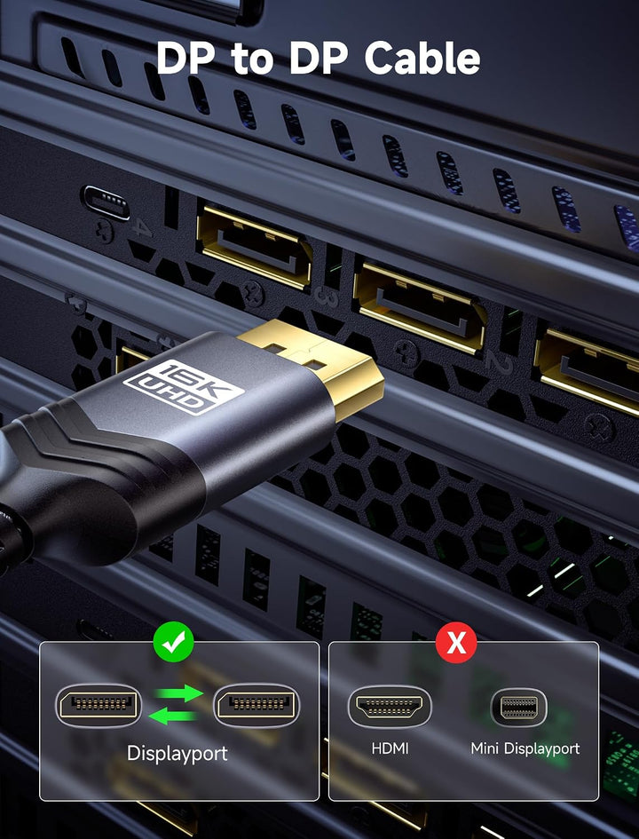 JSAUX Displayport Kabel 2.1 5m, Displayport Kabel 2.1/2.0 Unterstützung 16K@60Hz, 8K@120Hz, 4K@240Hz