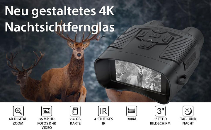Zavarius Nachtsichtkamera: Binokulares Akku-Nachtsichtgerät, 4K-Kamera, bis 500 m IR-Sichtweite (Fer