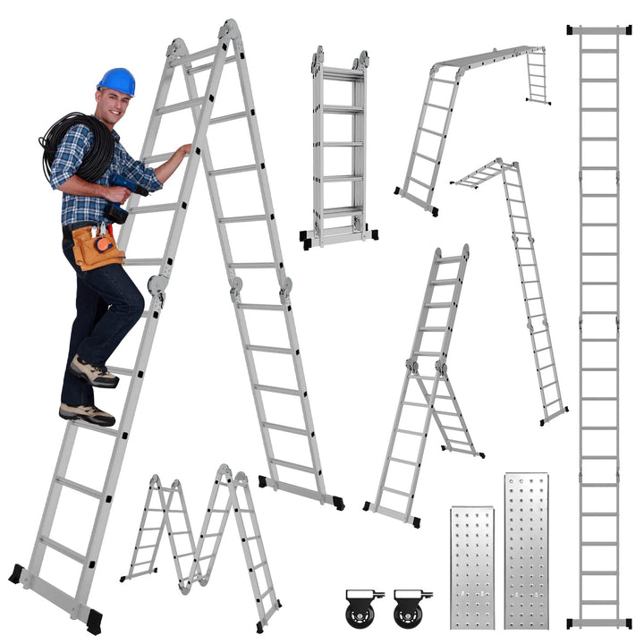 Joparri 4x4 Mehrzweckleiter 470cm 7 in 1 Alu Multifunktionsleiter bis 150 kg mit 2 Transport Rollen