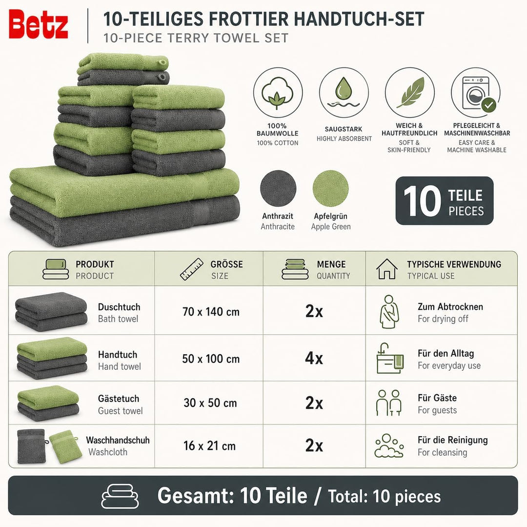Betz Premium Frottier Handtuch-Set 10-teilig - 2X Duschtücher - 4X Handtücher - 2X Gästetücher - 2X