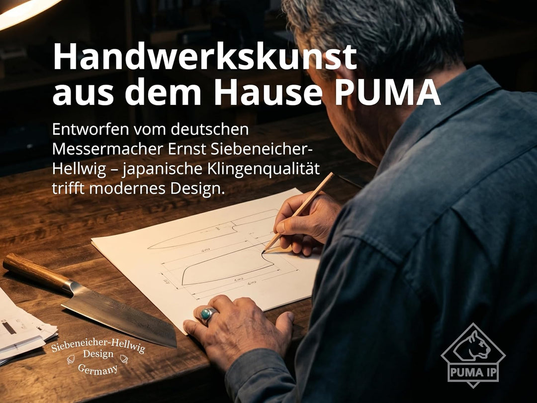 PUMA IP – 7" Santoku Messer - 198mm Klinge mit Glattschliff - 67-Lagen Damast mit japanischem V-Gold