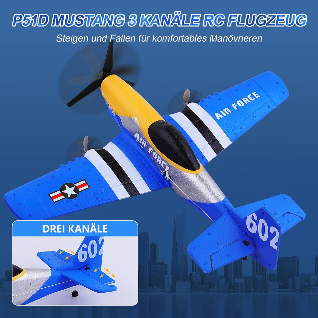 Henakmsl RC Flugzeug, 3 Kanal 2.4GHz RC Flugzeug P51D Mustang Fighter Spielzeug mit 2 Batterien, Fer