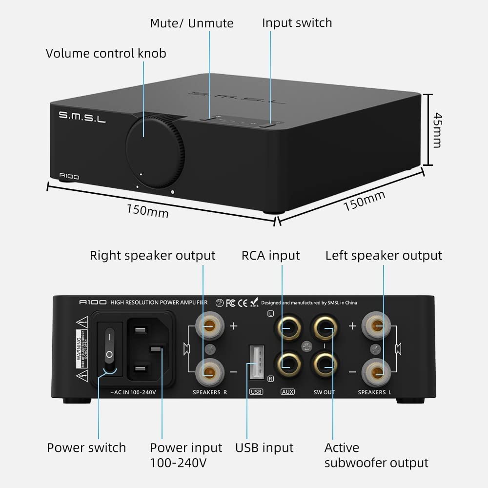 SMSL A100 Verstärker Hifi Stereo, Hifi Verstärker Verwendet Infineons Chip MA12070, 2 * 80W Ausgangs
