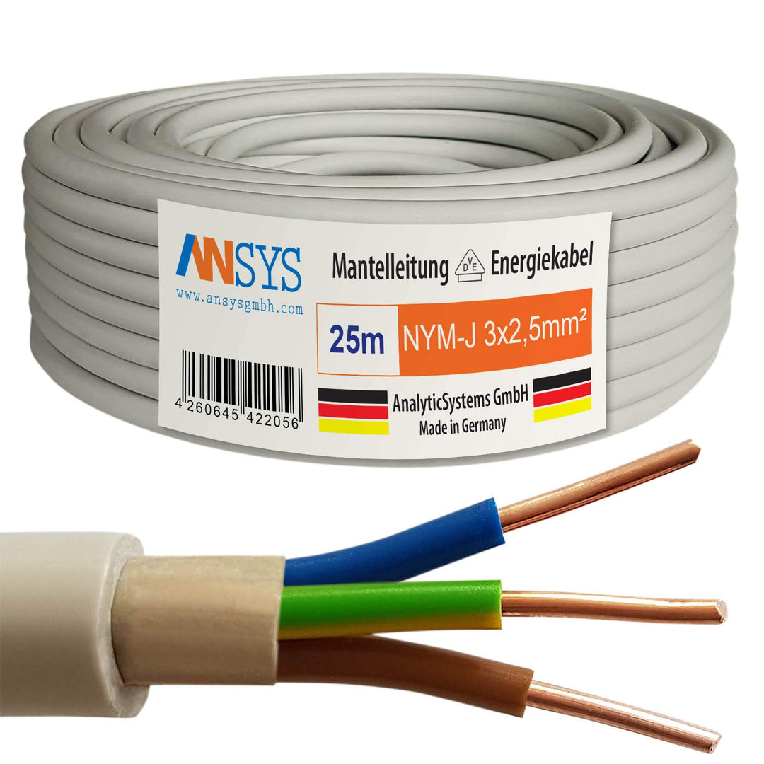 TechMech 25m NYM-J 3x2,5 mm² Mantelleitung Feuchtraumkabel Elektrokabel Kupfer Made in Germany 25 m,