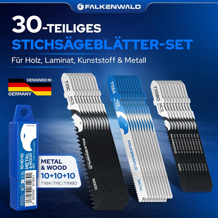 FALKENWALD® Stichsägeblätter Set 30tlg 20x Holz + 10x Metall - T-Schaft HCS &amp; HSS - Für Weichholz, H