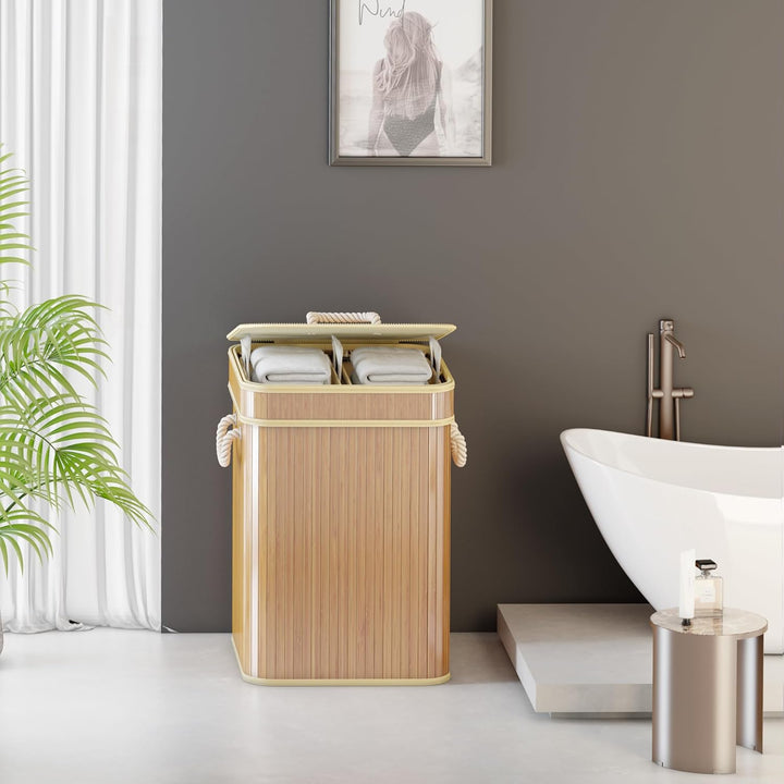 AdelDream Wäschekorb 100L Bambusoptik mit Deckel &amp; Griffen, 2-Fach Wäschesammler Faltbar, Wäschebox