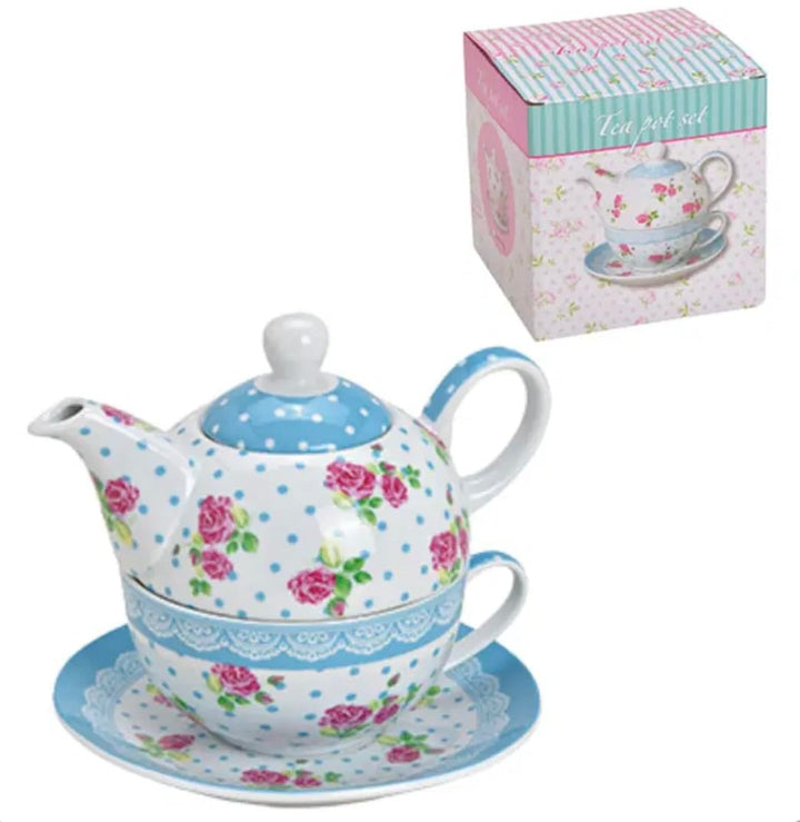 Porzellan-Teekannen-Set Tea for One mit Teekanne, Tasse und Unterteller, 3-teilig in Geschenkbox (Bl