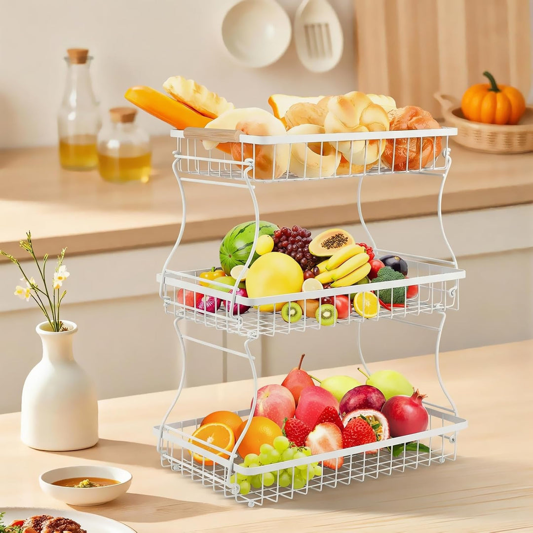 VINATO Obstschale, 3-stöckige Moderner Obstkorb mit Holzgriffen, für Küche, Bad &amp; Mehr – Ideal für O