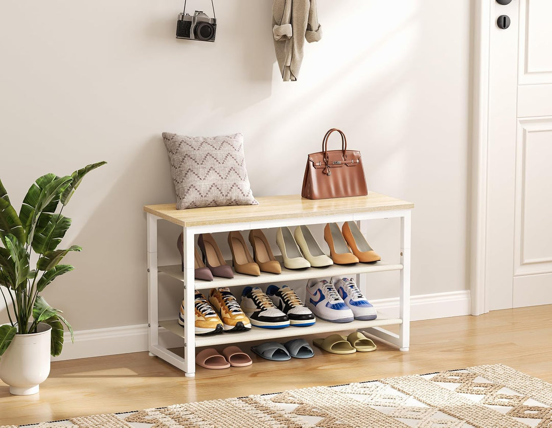 HOMIDEC Schuhregal mit 3 Ebenen, Schuhbank mit Holzplatte, Schuhregal mit Sitzbank, Regal Vliesstoff