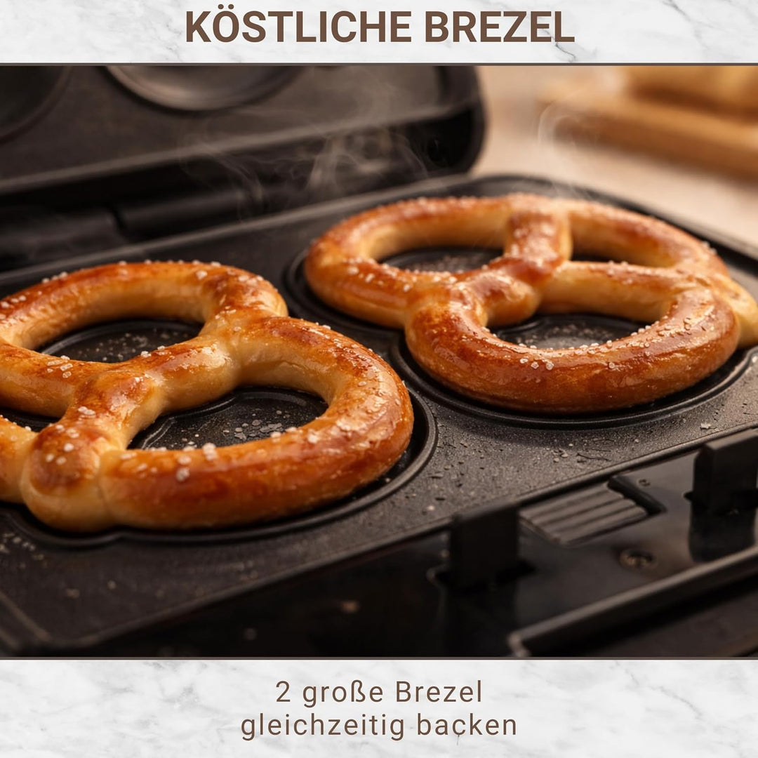 Syntrox Brezel Maker mit Wechselplatten, Edelstahl, schnelles Aufheizen, Antihaftbeschichtet, versch