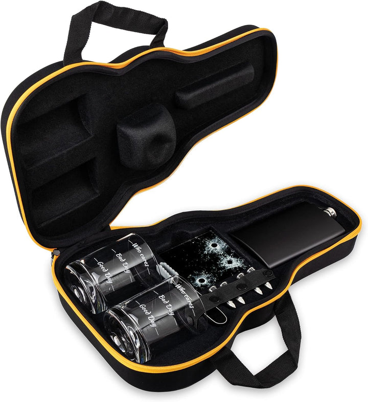 Froster Guitar Whisky Set – Who Cares, 2 Gläser mit Füllhöhen, Flachmann, 4 Whisky-Steine, Eiszange,