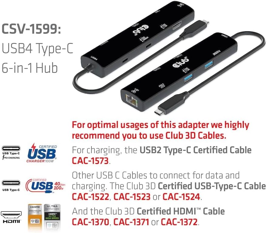 Club3D CSV-1599 USB4™ Gen3x2 Typ-C, 6-in-1 Hub mit HDMI™ 8K60Hz oder 4K120Hz, 2xUSB Typ-A(10G), Ethe