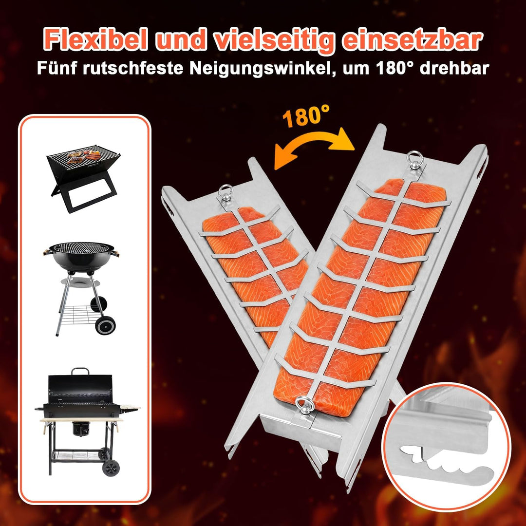 Flammlachsbrett aus Edelstahl,59,5 cm,für Grill &amp; Feuerschale | 180° drehbarer Fischhalter mit 5-fac