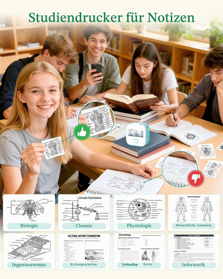 Memoking Mini Drucker für Smartphone, T02 Mini Drucker mit 6 Rollen Papier Grün 1 Drucker + 6 Rollen