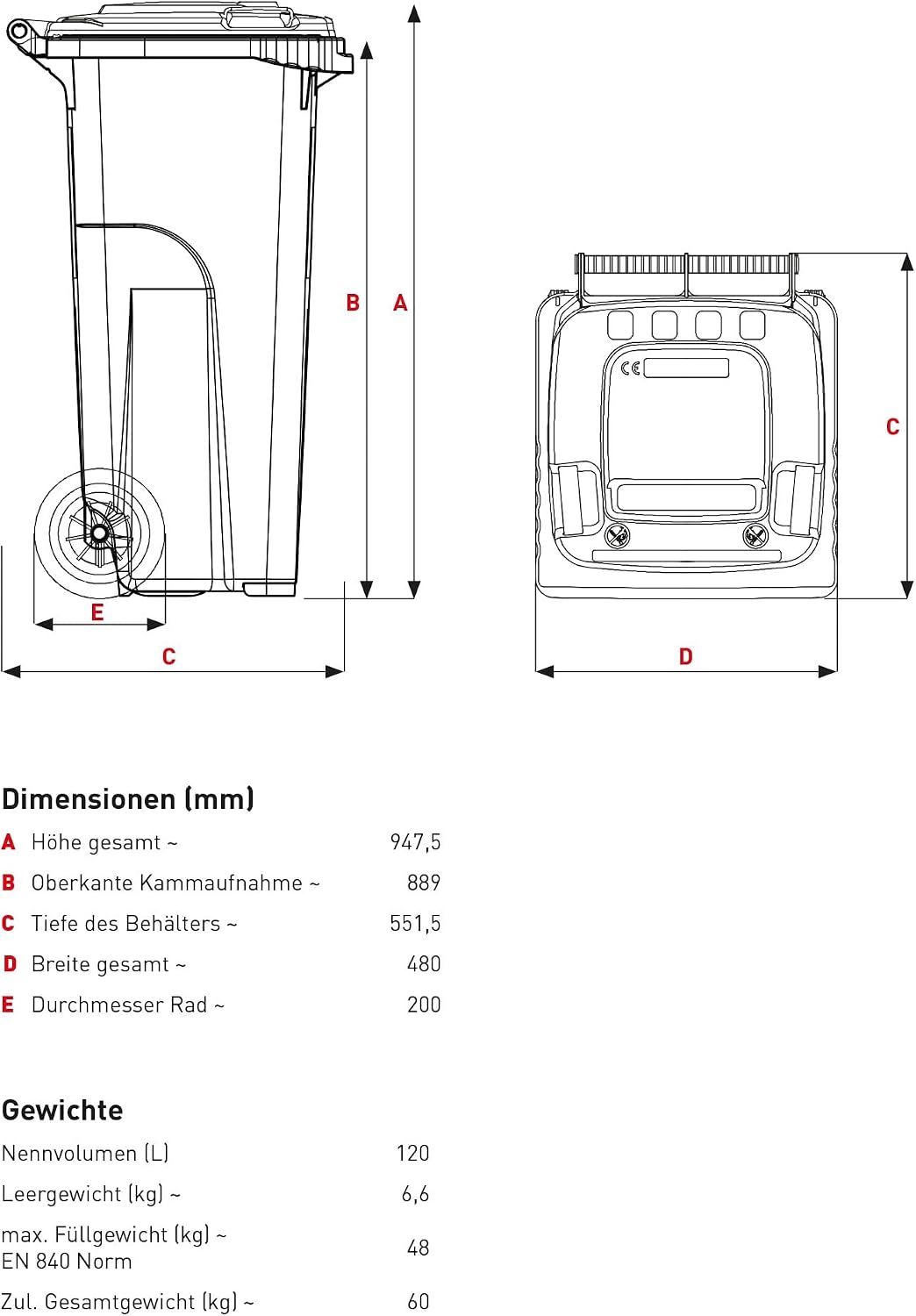 Müllbehälter, Inhalt 120 Liter, braun