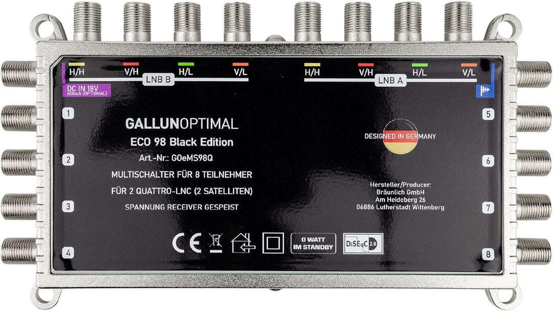 GALLUNOPTIMAL ECO Multischalter-SAT 9/8 für 8 Teilnehmer / Quattro &amp; Quad-LNB fähig / Digital, HDTV,