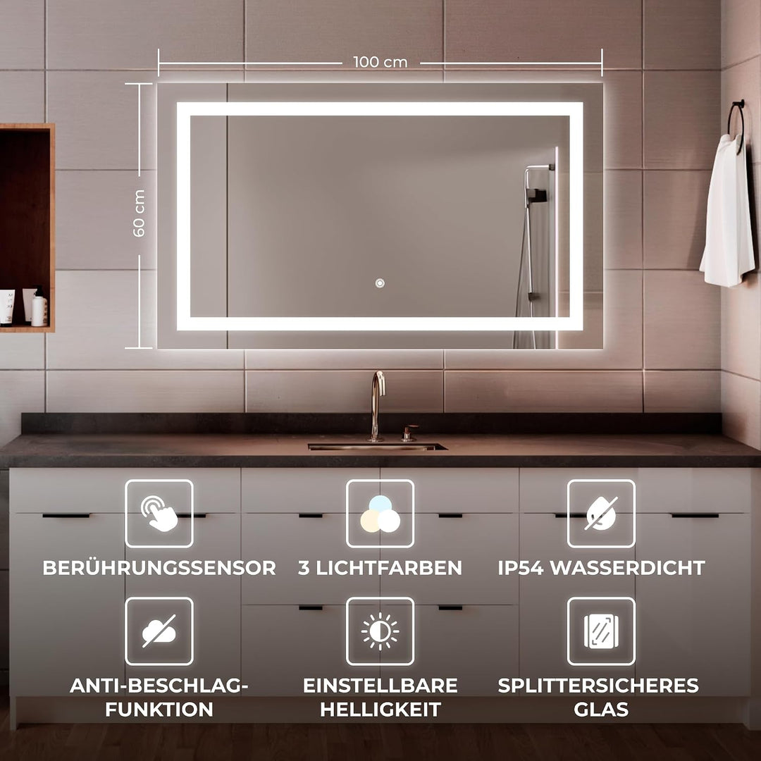 BR Bringer LED Badspiegel - 100x60 cm - Badezimmerspiegel mit Beleuchtung und Anti-Beschlag Funktion