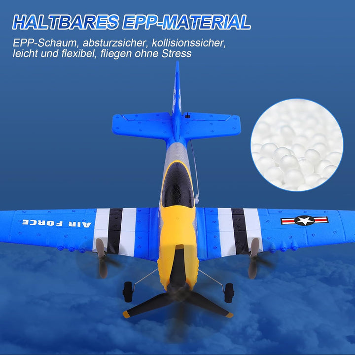 Henakmsl RC Flugzeug, 3 Kanal 2.4GHz RC Flugzeug P51D Mustang Fighter Spielzeug mit 2 Batterien, Fer