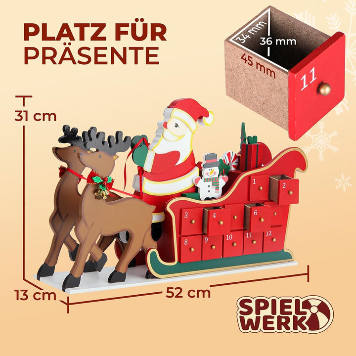 Spielwerk® Wiederverwendbarer Adventskalender Schlitten zum Befüllen 24 Türchen Bunt Bemalt Weihnach