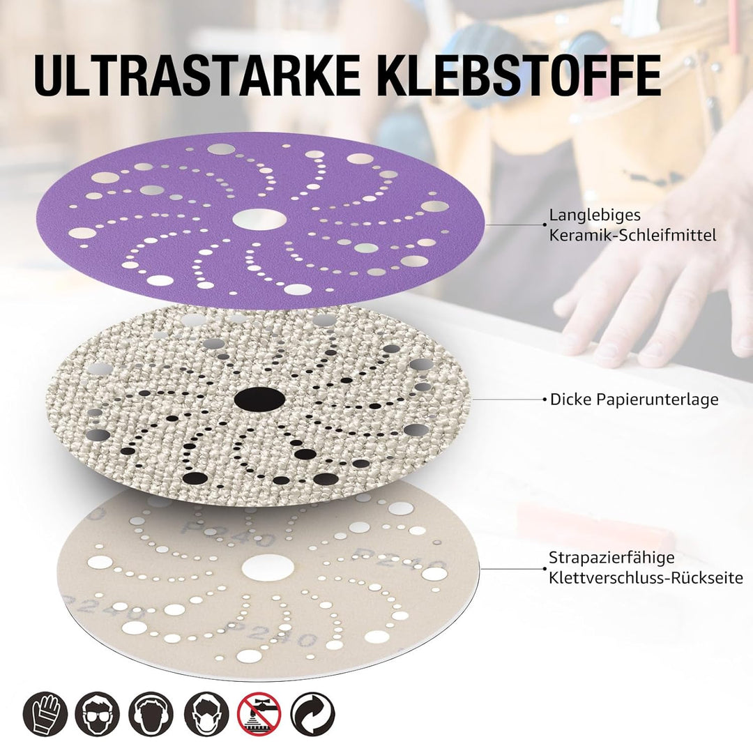 Schleifscheiben 150mm Klett 150 Körnung Keramik Schleifpapier Blau Poröses Schleifscheiben, Exzenter