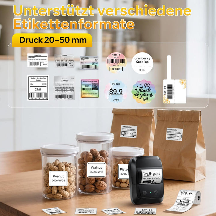 Memoking Etikettendrucker Selbstklebend, Bluetooth Label Printer mit 2000 Symbolen und 300 Vorlagen,