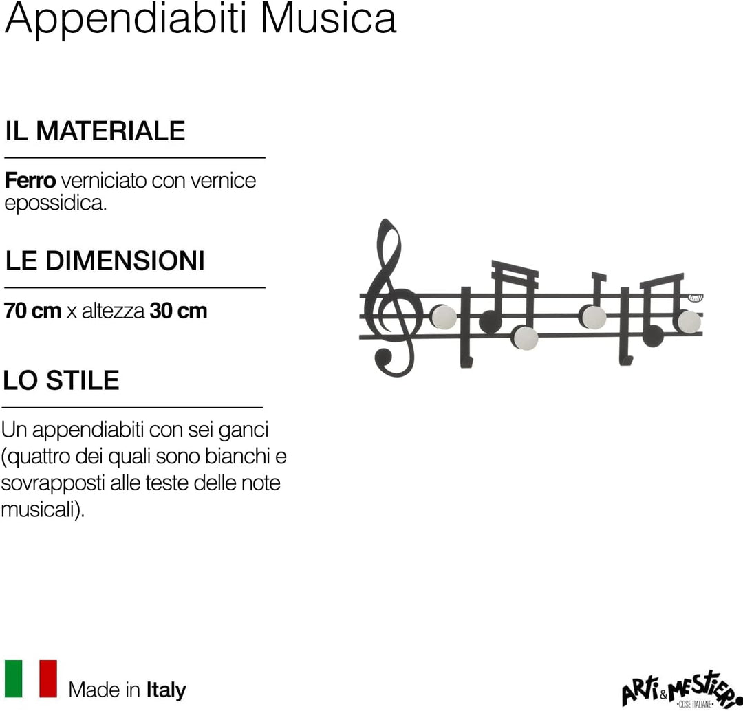 Arti &amp; Mestieri Musica - Design Garderobe 100% Made in Italy - aus Eisen, 70 x 30 cm - Schwarz geprä