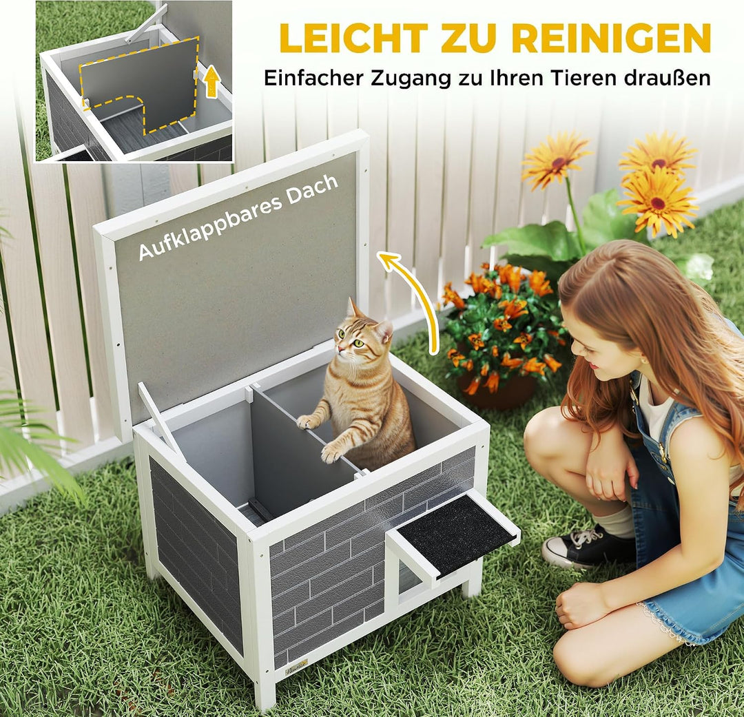 PawHut Katzenhaus Wetterfeste Katzenhütte aus Holz 61x51x53,5 cm Grau