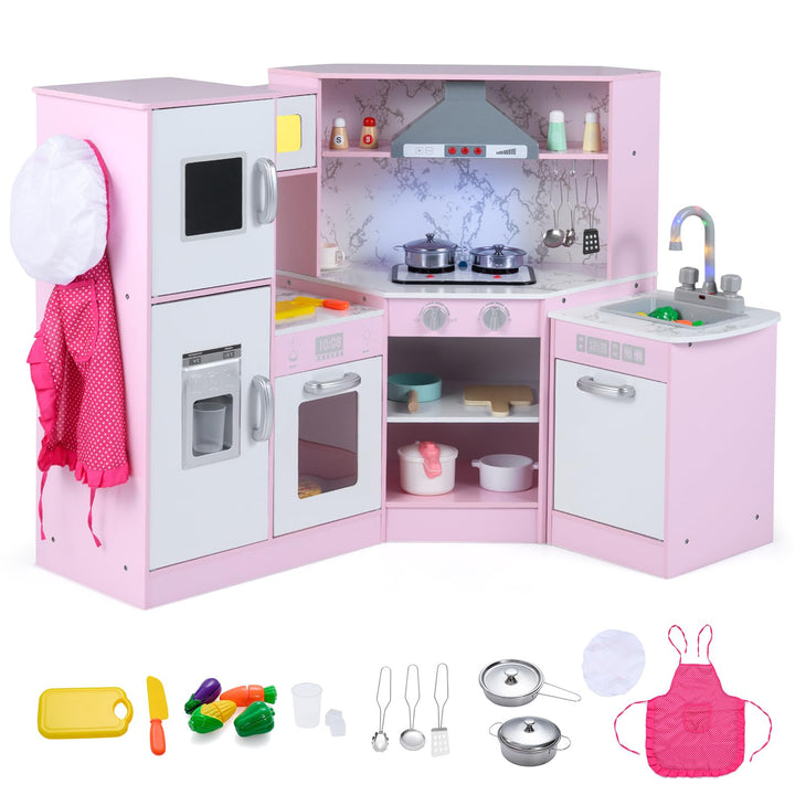 COSTWAY Kinderküche Holz, Spielküche Eck mit Licht und Sound, Holzküche mit Tafel &amp; Spüle &amp; Ofen, in