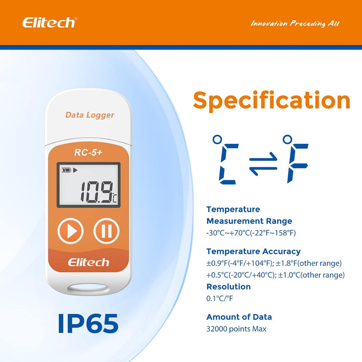 Elitech RC-5+ Wiederverwendbarer Temperaturdatenlogger Data Logger PDF&amp;CSV USB Recorder 32000 Punkte