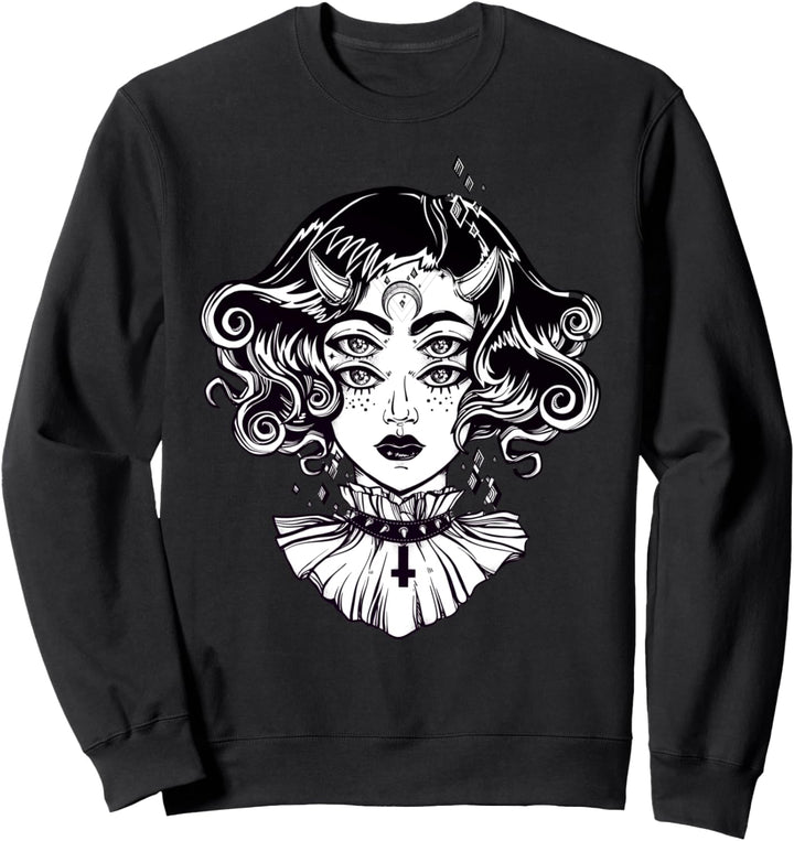 Horned Devil Girl T-Shirt – Satanic Halloween Glitch Goth Tee Sweatshirt