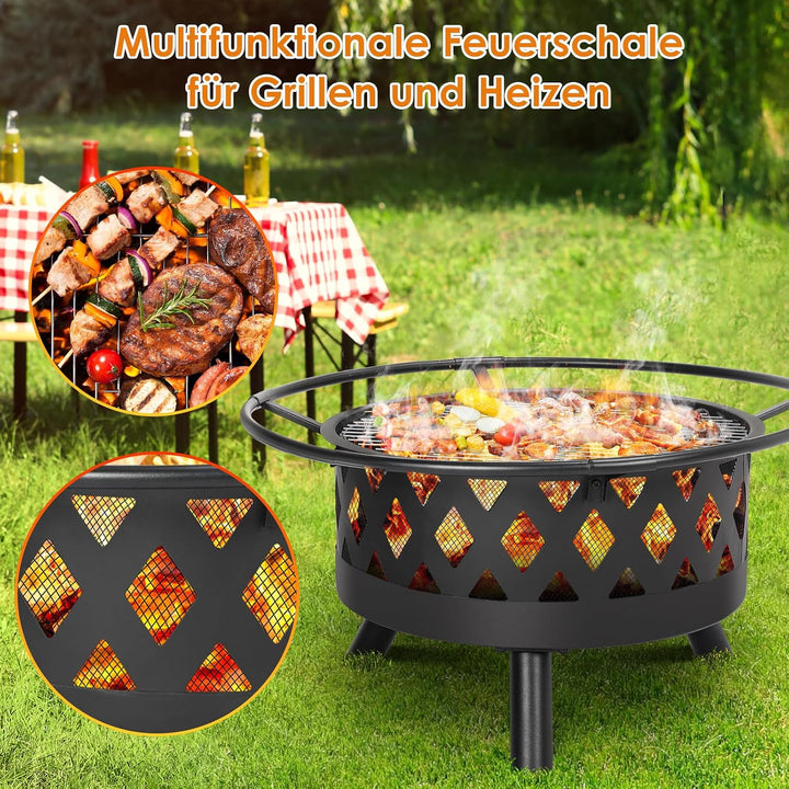 Feuerschale, Feuerschalen für den Garten, Ø 81cm Feuerschale mit funkenschutz und Schürhaken, Feuerk