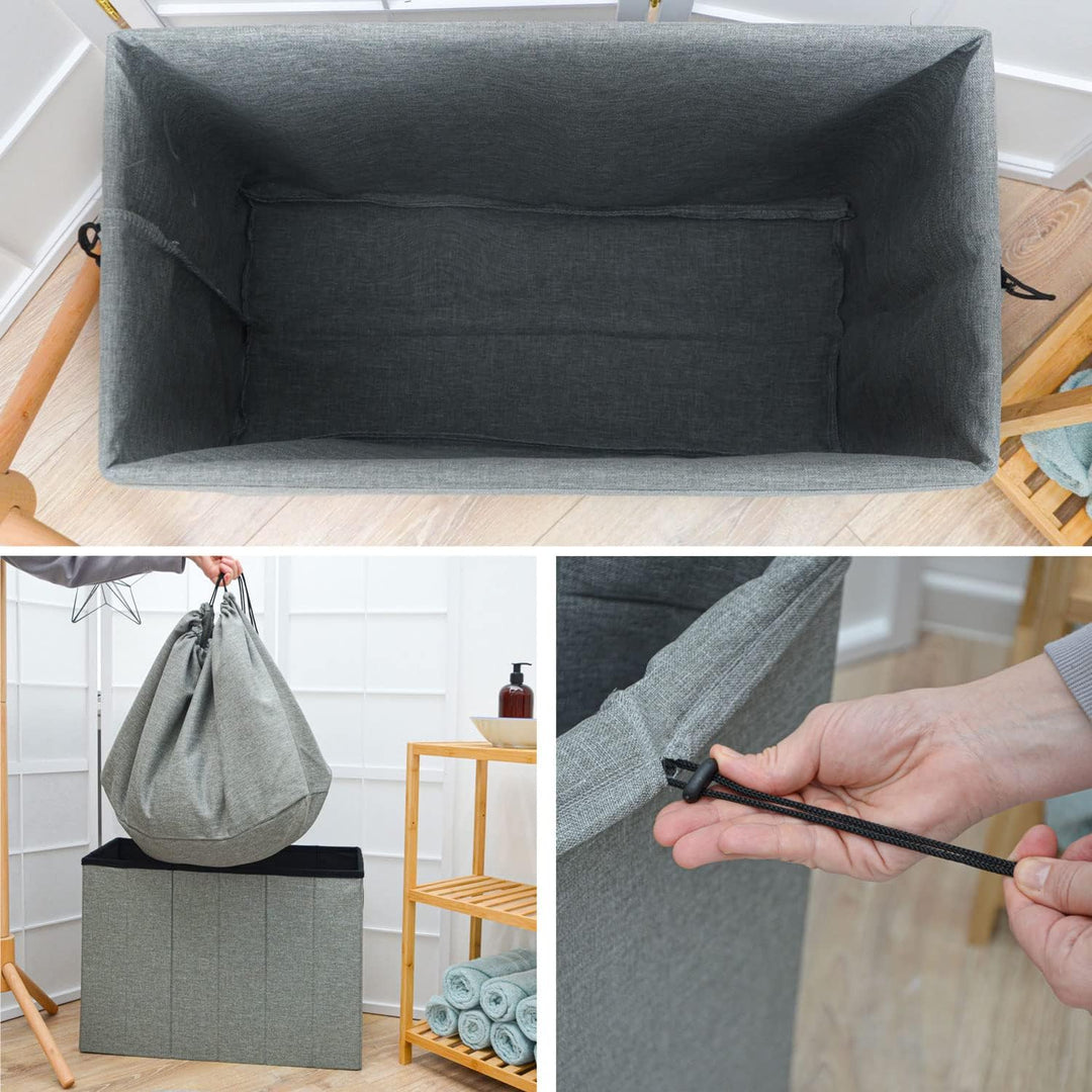 DuneDesign 85 Liter Wäschekorb mit Deckel &amp; Wäschesack - 62x31 Wäschekorb mit Sitzfunktion - Faltbar