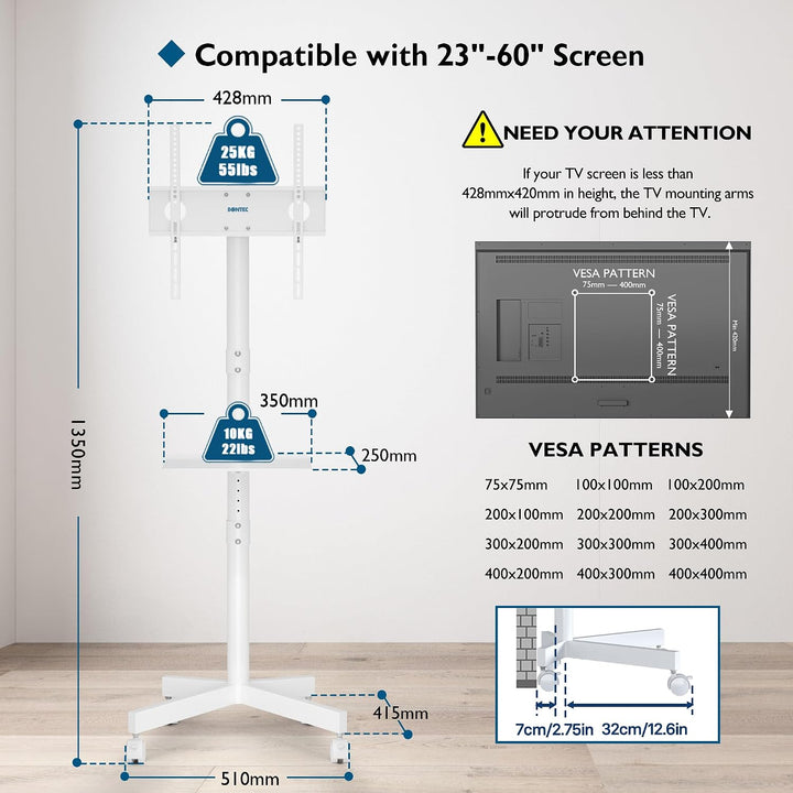 BONTEC Mobiler TV Ständer auf Rollen für 23-60 Zoll Plasma/LCD/LED Fernseher, Tragbarer TV Stand mit