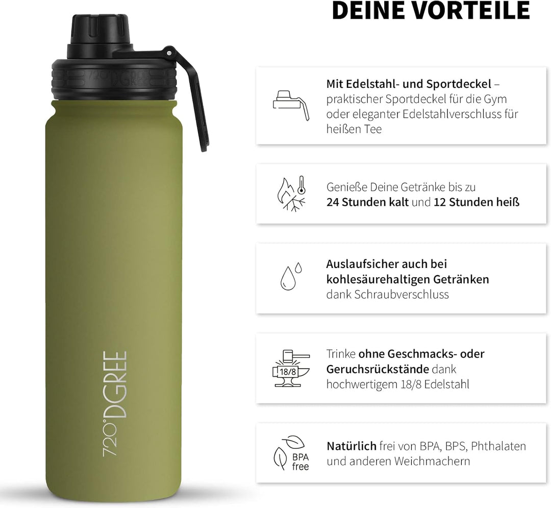 720°DGREE Edelstahl Trinkflasche Kinder 530ml “noLimit” - Auslaufsicher, für Kohlensäure, BPA-Frei -
