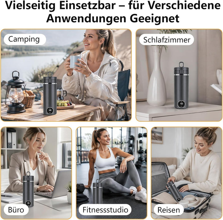 Skeufy 3-in-1 Reise Wasserkocher Klein mit Flaschenhülle &amp; Teesieb, Grau, Grau