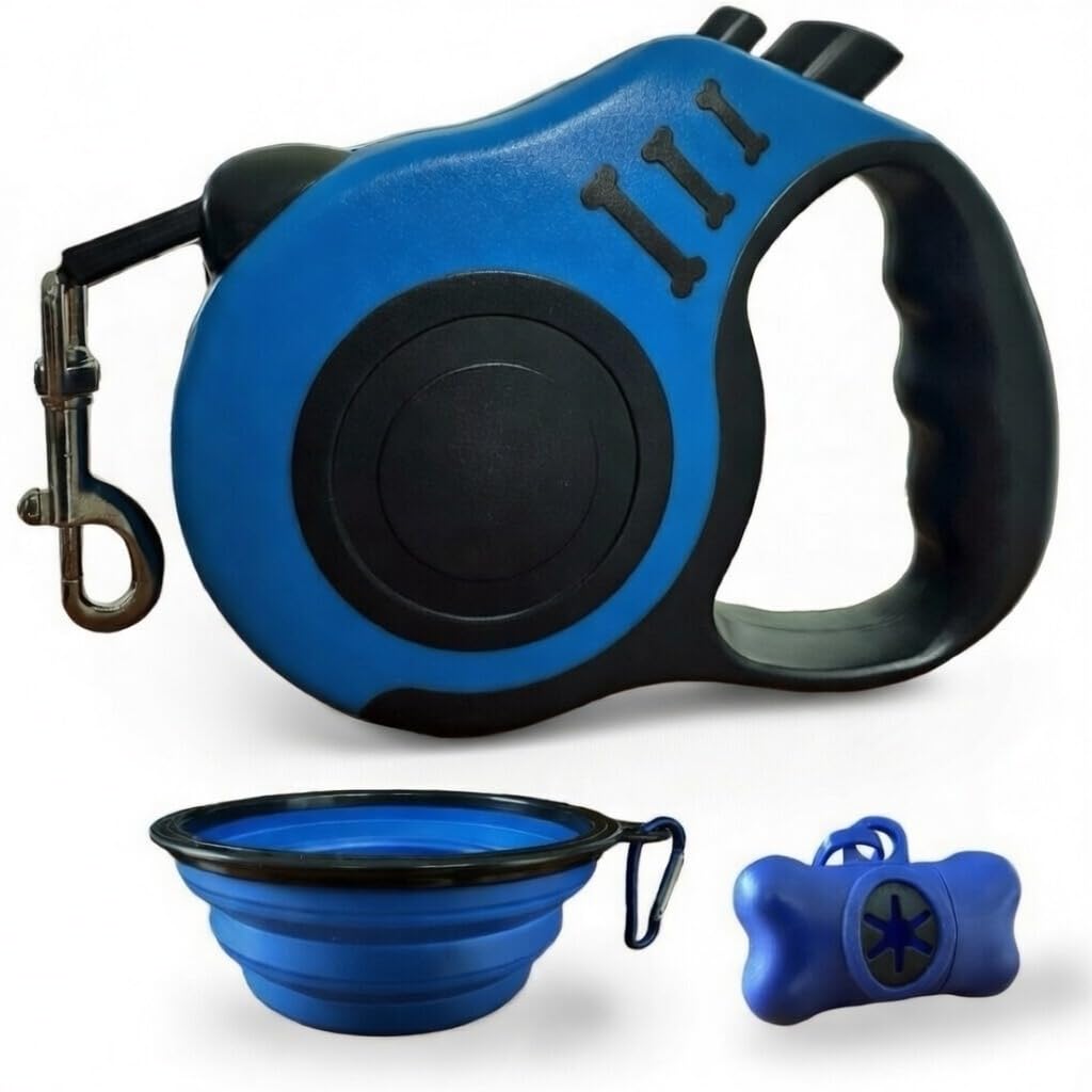 Hundeleine Reiseset 3in1 mit 5 m Rollleine Automatik, faltbarem Napf &amp; Kotbeutelspender – Blau