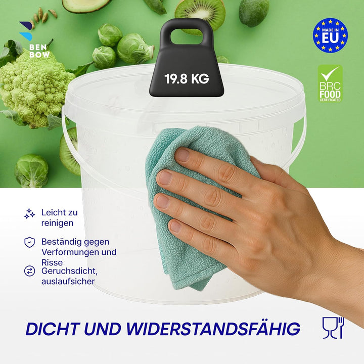 BenBow Eimer mit Deckel 5l transparent 5X 5 Liter - lebensmittelecht, stabil, luftdicht - Plastikeim