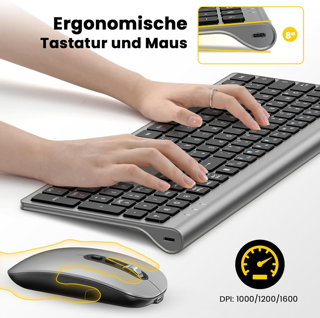 cimetech Tastatur Maus Set Kabellos, Ultra-Dünne Wiederaufladbare Kabellose Tastatur und Maus Ergono