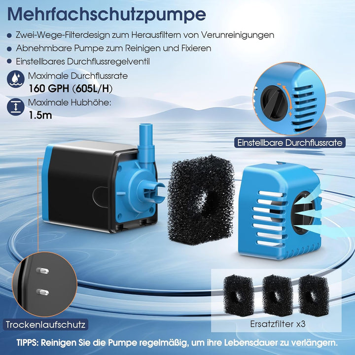 Biling Solar Springbrunnen für Aussen, 12W 605L/H Leise Teichpumpe Solar mit 4 Düsen und Schlauch, S